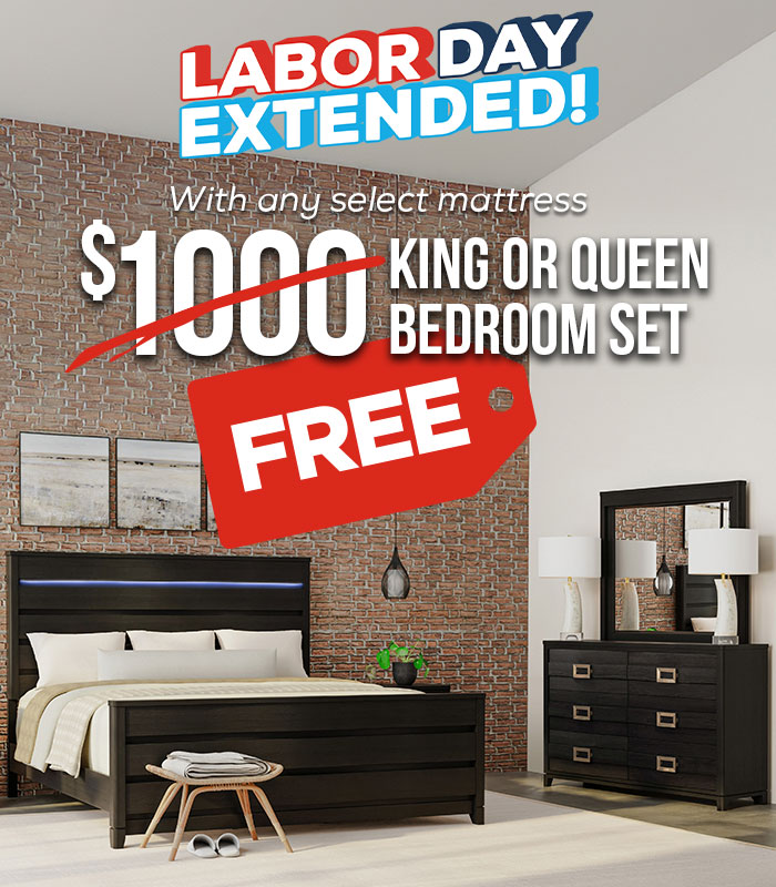 Labor Day Extended! $1,000 Queen Bedroom Set FREE with any select mattress. - Transform your sleep.