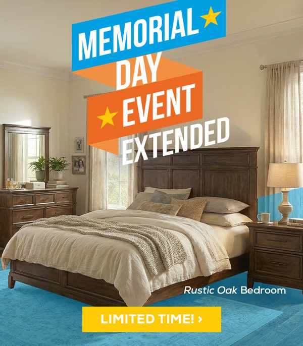 Memorial Day Event Extended - Final Days. Image featuring Rustic Oak Bedroom Set in a modern styled bedroom.