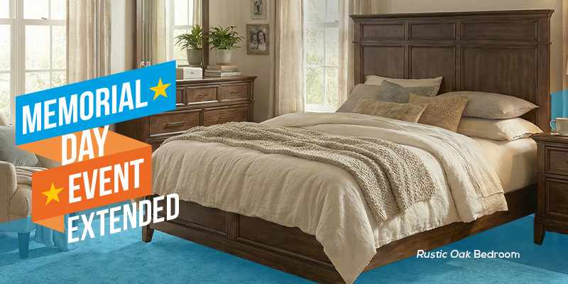 Memorial Day Event Extended. Modern bedroom with Rustic Oak Bedroom set on display.