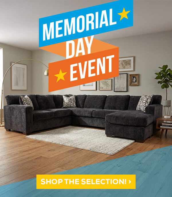 Memorial Day Event - Shop the Selection! Image features a dark gray Gayle sectional in a modern room.