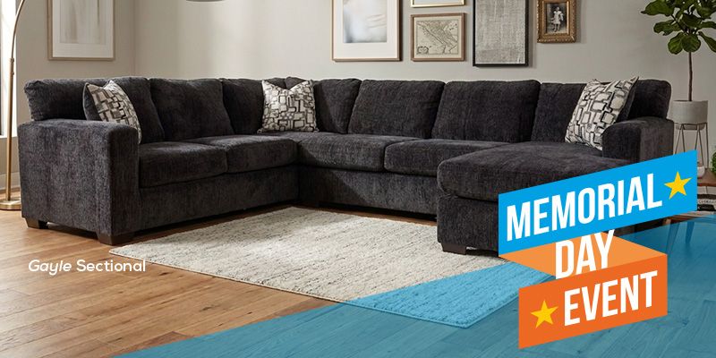 Memorial Day Event. Modern living room with Gayle Sectional on display.