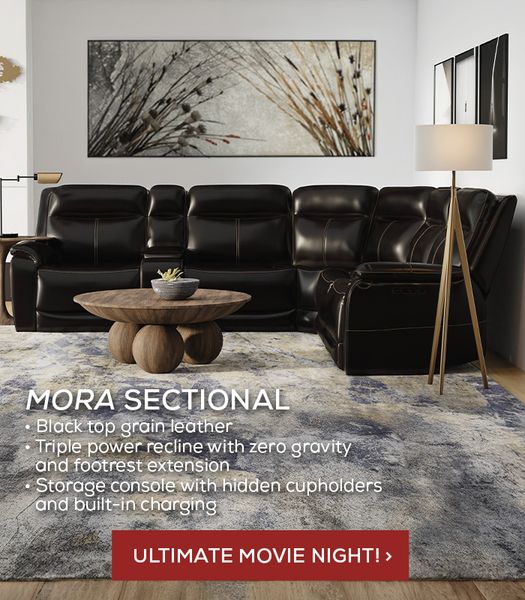 Mora Sectional. Black top grain leather, triple power recline, storage console. - Ultimate Movie Night!