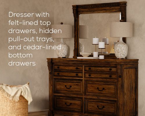 The Dutton Bedroom Set - Dresser with felt-lined top drawers, hidden pull-out trays, and cedar-lined bottom drawers.