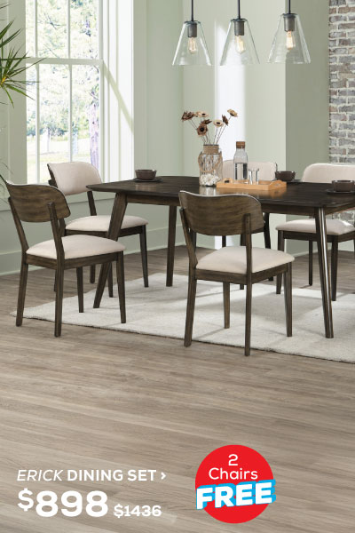 Erick Dining Set. Regular Price $1,436, Now On Sale For $898. 2 Chairs Free! Click to Shop Now