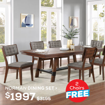 Norman Dining Set. Was $2,797, Now On Sale For $1,597. 2 Chairs Free! Click to Shop Now
