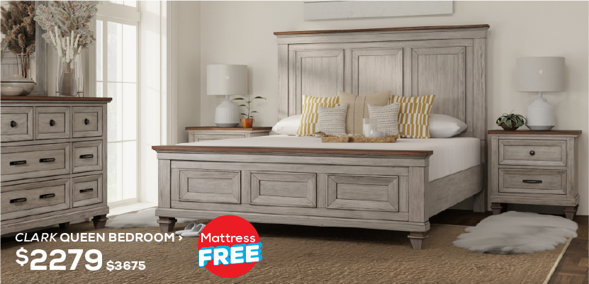 Clark Queen Bedroom. Regular Price $3,675, Now On Sale For $2,279. Mattress Free! Click To Shop Now