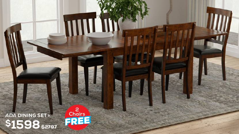 Ada Dining Set. Regular Price $2,797, Now On Sale For $1,598. 2 Chairs Free! Click to Shop Now