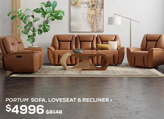Portum Sofa, Loveseat & Recliner. Regular Price $8,148, Now On Sale For $4,996. Click To Shop Now
