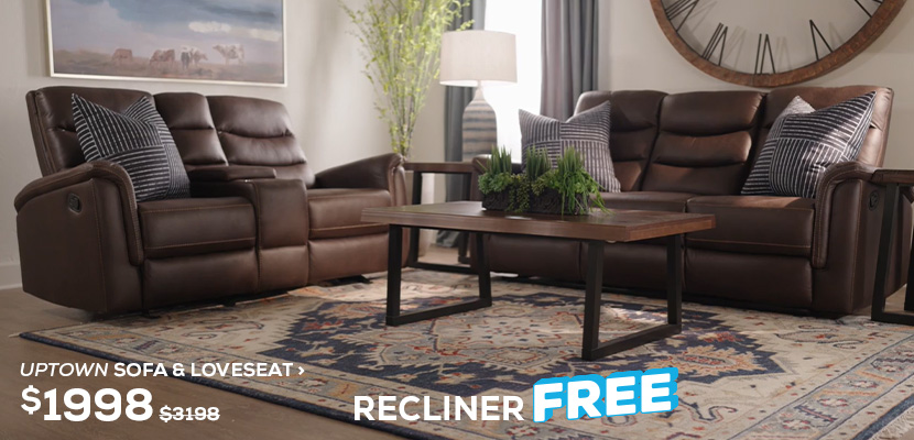 Uptown Sofa & Loveseat. Regular Price $3,198, Now On Sale For $1,998. Recliner FREE. Click To Shop Now