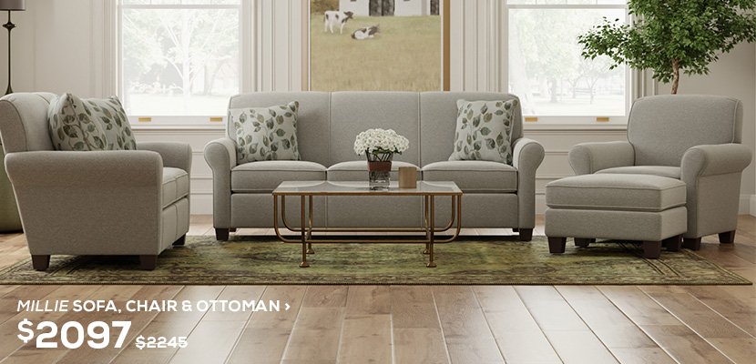Millie Sofa, Chair & Ottoman. Regular Price $2,245, Now On Sale For $2,097. Click to Shop Now