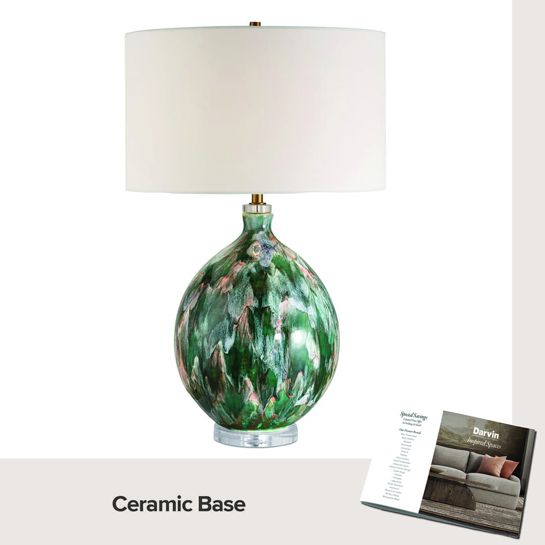Green Table Lamp with White Shade - Ceramic Base