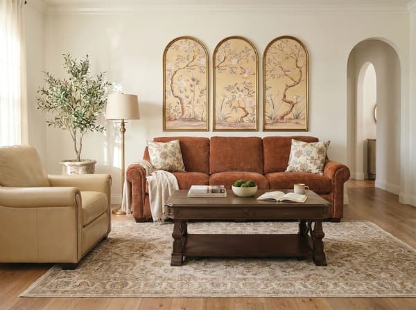 Smith Brothers living room with terracotta sofa, botanical artwork, and natural wood accents