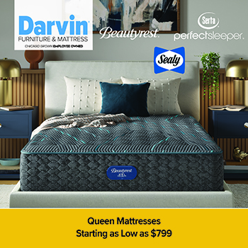 Close-up of a quilted mattress with text reading “100s of Mattresses Reduced – Look for these tags!” A red arrow points to a “Price Plunge” sale tag showing additional savings of 10%, 20%, and 30% on overstock, closeout, and clearance items. The Darvin Furniture & Mattress logo appears in the top left.