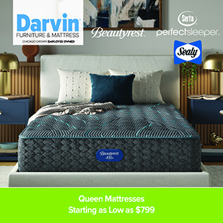 Queen-size mattress displayed on a modern bed with blue and white bedding, flanked by matching blue nightstands and gold lamps against a wood-accent wall. Logos for Darvin Furniture & Mattress, Beautyrest, Serta Perfect Sleeper, and Sealy appear, with text reading “Queen Mattresses Starting as Low as $799.”