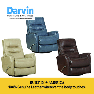 An advertisement for Darvin Furniture & Mattress featuring three leather swivel gliders in different colors: tan, blue, and dark brown. The recliners feature high backs and manual reclining levers. A yellow banner at the bottom states: BUILT IN AMERICA, 100% Genuine Leather wherever the body touches.