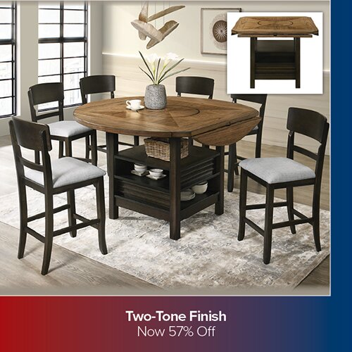 A promotional advertisement for a two-tone dining set featuring a round wooden table with a dark base and built-in storage. Six dark wood chairs with light grey upholstered seats are arranged around the table. The bottom banner reads 'Two-Tone Finish Now 57% Off'.