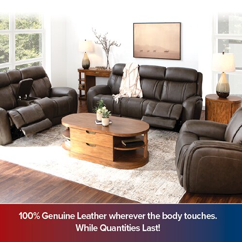 A promotional advertisement for leather furniture featuring a dark brown reclining sofa, loveseat, and armchair arranged around an oval wooden coffee table. The bottom banner reads '100% Genuine Leather wherever the body touches. While Quantities Last!'.