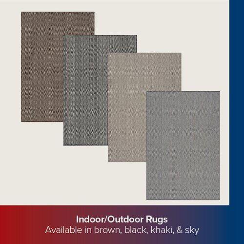 A promotional advertisement for indoor/outdoor rugs featuring four rectangular rugs with a woven texture displayed in a staggered row. The colors include brown, black, khaki, and sky blue. The bottom banner reads 'Indoor/Outdoor Rugs Available in brown, black, khaki, & sky'.