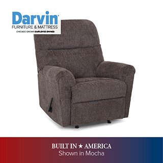 A promotional advertisement for Darvin Furniture & Mattress featuring a mocha-colored plush recliner against a white background. The bottom banner includes the text 'Built in America' and 'Shown in Mocha'.