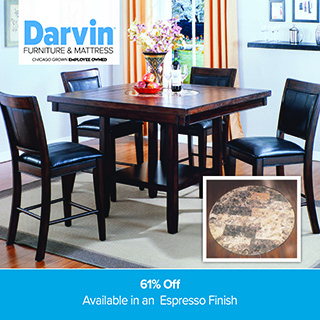 A promotional advertisement for Darvin Furniture & Mattress featuring a dining room set. The image showcases a counter-height wooden dining table in a rich espresso finish, featuring a round, decorative faux-stone or marble inlay in the center of the tabletop. Surrounding the table are four matching counter-height chairs with dark wood frames and black upholstered leather-look seats and back inserts. An inset square photo in the bottom right corner provides a close-up view of the circular, textured brown and tan stone tabletop inlay. The upper left corner displays the blue and black Darvin Furniture & Mattress logo with the text 'Chicago Grown Employee Owned'. A solid blue banner along the bottom reads '61% Off' followed by 'Available in an Espresso Finish' in clean white text.
