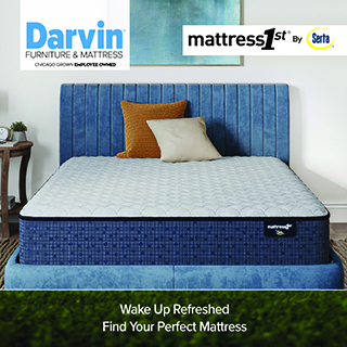 Darvin Furniture & Mattress logo with Mattress 1st by Serta logo above a navy blue channel-tufted upholstered bed with a quilted mattress and orange and cream accent pillows. Text reads Wake Up Refreshed, Find Your Perfect Mattress.