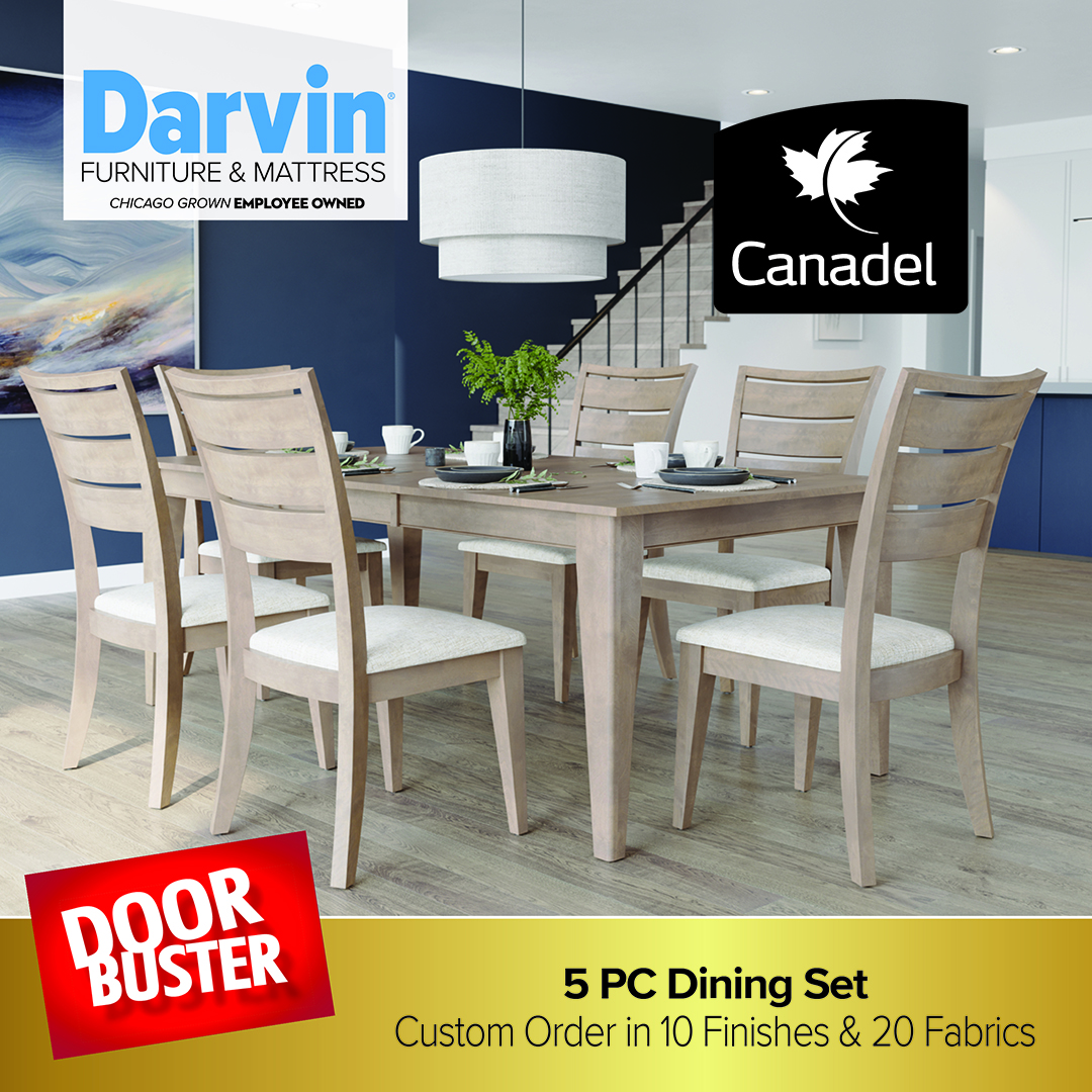 DOORBUSTER - 5 Piece Dining Set - Custom Order in 10 Finishes & 20 Fabrics