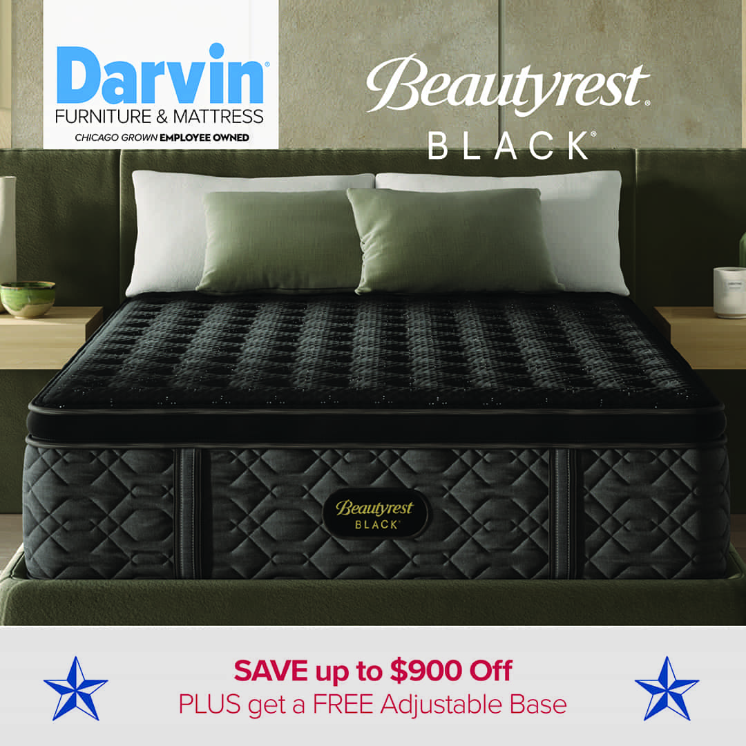 Luxury black Beautyrest Black mattress displayed in a modern bedroom with green and beige décor. Text reads: “Darvin Furniture & Mattress – Beautyrest Black – SAVE up to $900 Off PLUS get a FREE Adjustable Base,” with blue stars on each side.