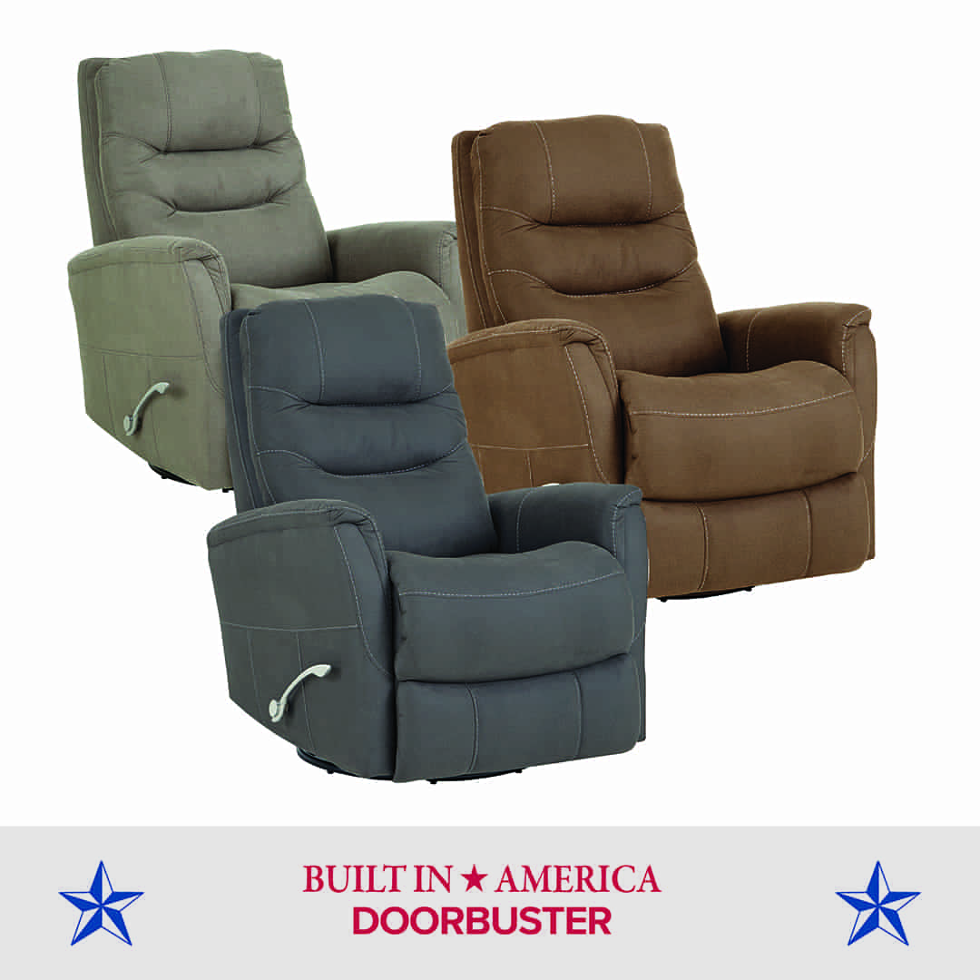 Three reclining chairs in gray, blue-gray, and brown colors arranged in a group. The image includes text that reads “Built in America” and “Doorbuster,” with blue star icons on each side.