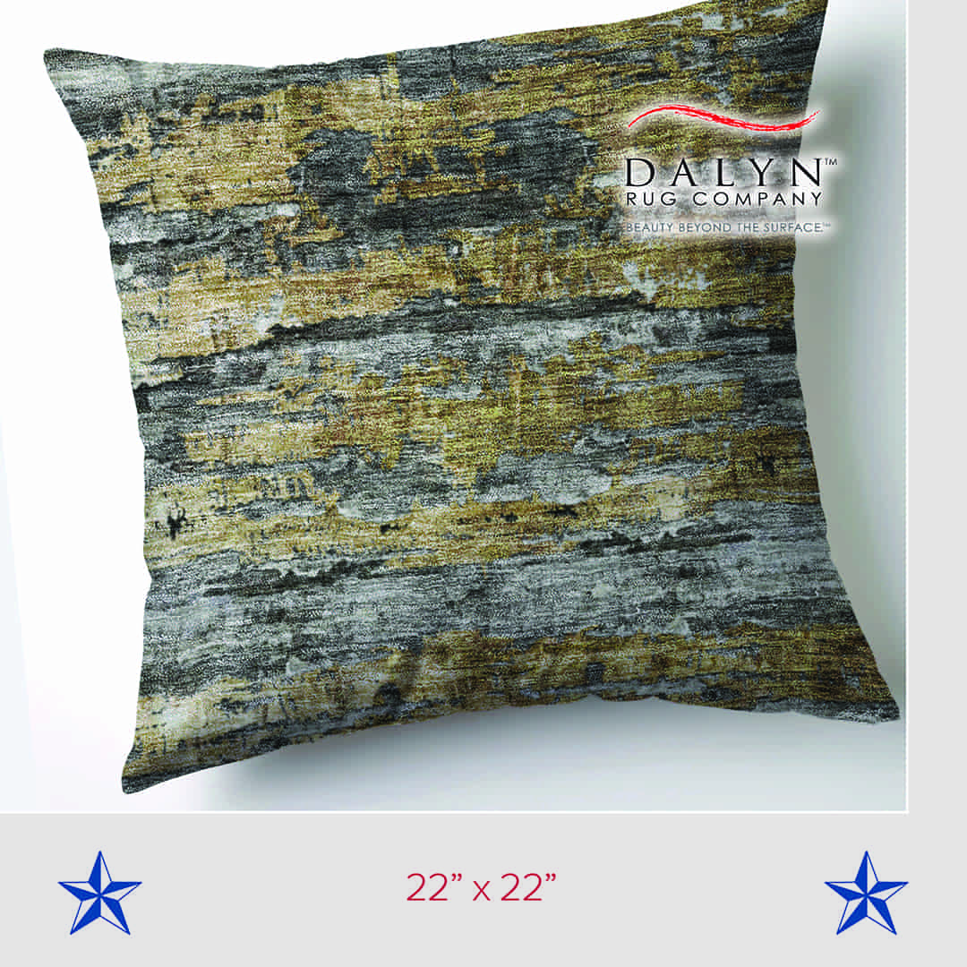 Decorative square pillow measuring 22 by 22 inches, featuring an abstract textured pattern in shades of gold, gray, and black. The image includes the Dalyn Rug Company logo with the tagline “Beauty Beyond the Surface.”