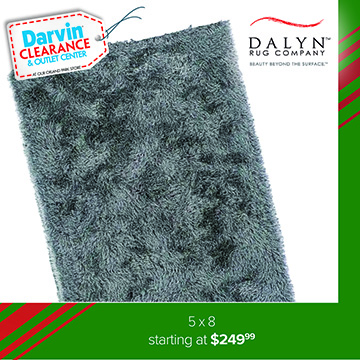 A Darvin Clearance & Outlet Center promotional image showcasing a textured gray 5×8 rug from the Dalyn Rug Company. The rug is displayed at an angle against a white background. A green banner at the bottom reads: 5 × 8 starting at $249.99.