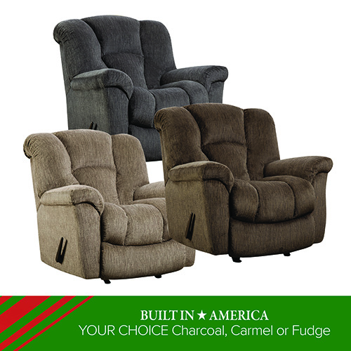 A promotional image showing three plush reclining chairs in different upholstery colors: charcoal (dark gray), carmel (light brown), and fudge (medium brown). All three recliners feature padded arms, tufted backs, and manual side levers. A green banner at the bottom reads: BUILT IN AMERICA — YOUR CHOICE Charcoal, Carmel or Fudge.