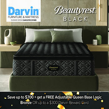 Promotional image of a Beautyrest Black mattress on a modern upholstered bed with a dark quilted mattress surface. The Darvin Furniture & Mattress logo appears in the top left, and “Beautyrest Black” is displayed above the bed. Text along the bottom reads, Save up to $700 + get a FREE Adjustable Queen Base Logic Bronze OR up to a $300 Darvin Reward Card.