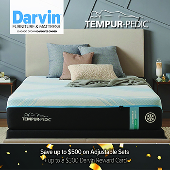 Promotional image of a Tempur-Pedic mattress on a modern bed with layered decorative pillows in neutral tones. The Darvin Furniture & Mattress logo appears in the top left, and the Tempur-Pedic logo is shown above the bed. Text at the bottom reads, Save up to $500 on Adjustable Sets + up to a $300 Darvin Reward Card.