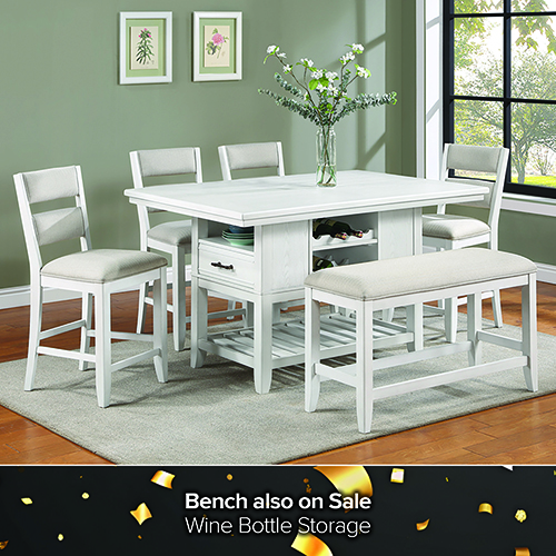 Promotional image of a modern dining room featuring a rectangular wooden dining table with six upholstered chairs on a light area rug. Behind the table are two illuminated wooden display cabinets filled with decorative items. Text at the bottom reads, Bunching Cabinet also on Sale.