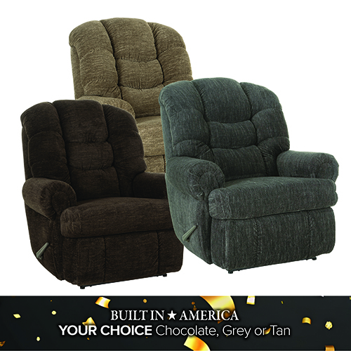 Promotional image showing three upholstered recliner chairs in different colors—stone dove, chocolate brown, and denim blue—arranged together on a white background. Text at the bottom reads, Built in America. Your Choice: Stone Dove, Chocolate or Denim.