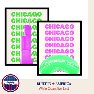 Framed wall art featuring bold ‘Chicago’ typography and colorful skyline graphics, displayed as modern decorative prints.