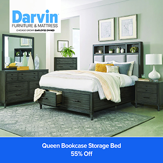 Close-up promotional image showing a neutral gray background with a faint sketch-like pattern in the upper right. In the lower left is a blue box with white text advertising a furniture promotion that includes “Queen storage bed” and “55% Off.”