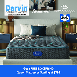 Promotional image from Darvin Furniture & Mattress featuring a queen mattress on a modern bed with blue bedding and decorative pillows. Brand logos for Beautyrest, Serta, Perfect Sleeper, and Sealy appear above the bed. A blue banner at the bottom reads, “Get a FREE Boxspring — Queen Mattresses Starting at $799.”