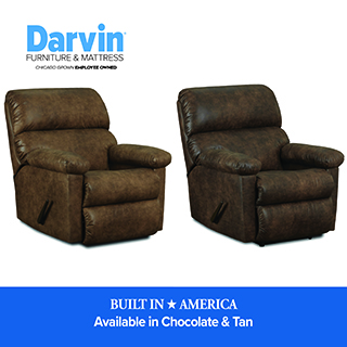 Promotional image from Darvin Furniture & Mattress showing two brown reclining chairs side by side on a white background. The Darvin logo appears at the top left. A blue banner at the bottom reads “Built in America — Available in Chocolate & Tan.”