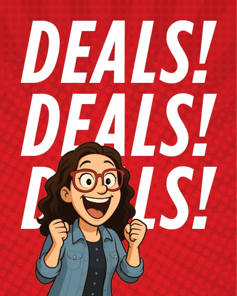 Illustrated character with curly hair and red glasses cheering with clenched fists on a red background, alongside large white text reading “Deals! Deals! Deals!