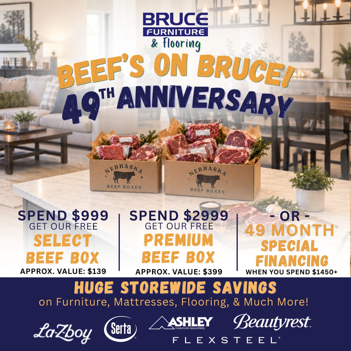 Bruce Furniture 49th anniversary: free beef box with $999+ or $2,999+ purchase, or 49-month special financing on $1,450+. Storewide savings.