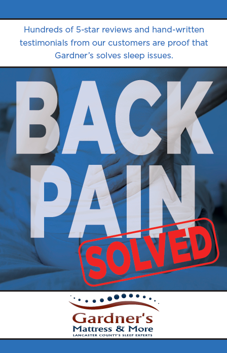 Handwritten customer testimonials about back pain relief from Gardner's Mattress & More.