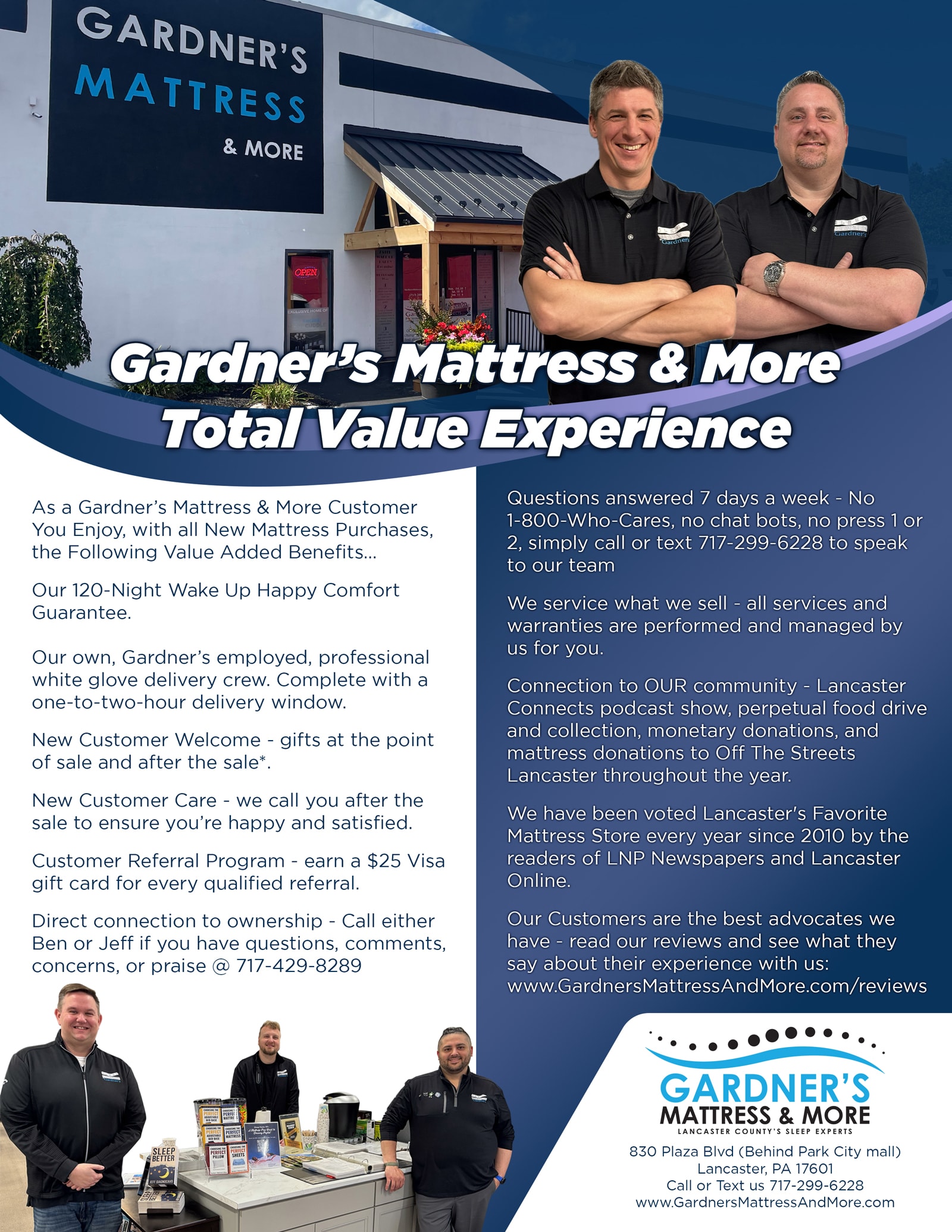 Gardner’s Mattress & More Total Value Experience flyer highlighting customer benefits including a 120-night Wake Up Happy comfort guarantee, white glove delivery service, welcome gifts, post-purchase customer care, referral rewards, direct access to ownership, local service and warranty support, community involvement, and award-winning customer service in Lancaster, Pennsylvania.