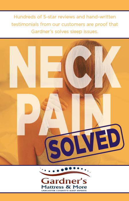 Handwritten customer testimonials about neck pain relief from Gardner's Mattress & More.