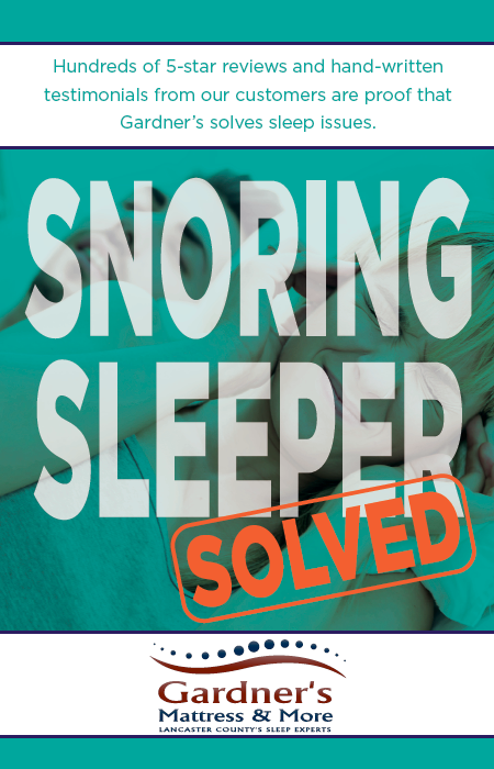 Handwritten customer testimonials about snoring relief from Gardner's Mattress & More.