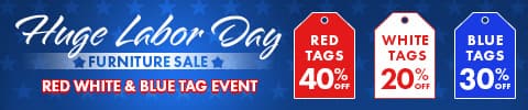 huge labor day furniture sale. red tags 40% off. white tags 20% off. blue tags 30% off