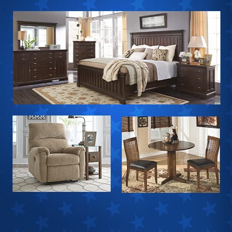 Labor Day furniture sale banner featuring a wood dining set, tan reclining chair, and dark wood bedroom set on a patriotic blue star background