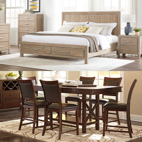 Massive Markdowns sale banner featuring a wood dining set and light wood bedroom set.