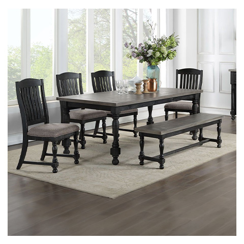 Modern home interiors featuring a gray sectional living room set, rustic wood tables and lamp, and a matching wooden bedroom suite.