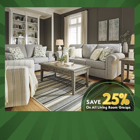 Save 25% on all living room groups, save 20% on all bedroom groups, dining rooms sets from $899 - shop now